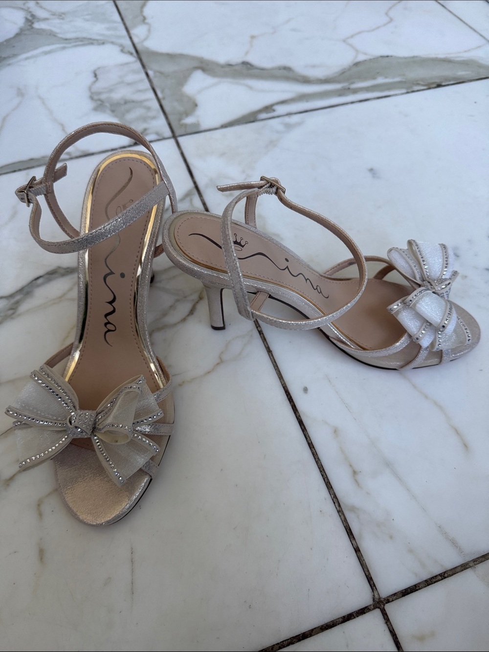 Nina Metallic Champagne Bow Ankle-Strap Heels